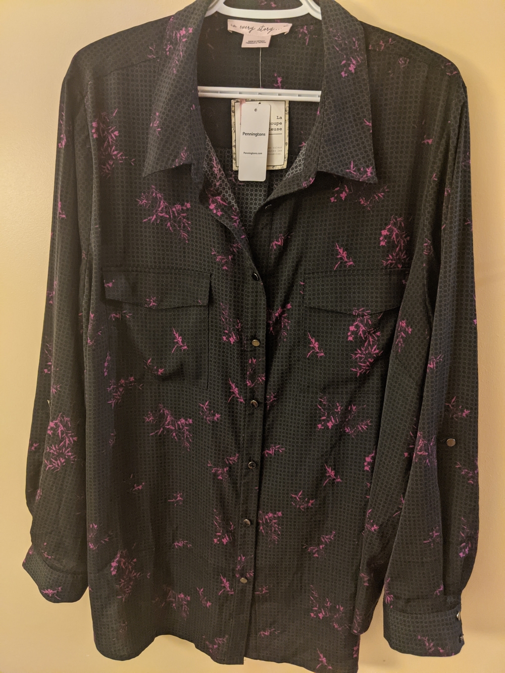 Penningtons In Every Story Black Pink Floral Grid Button Down Blouse Tunic